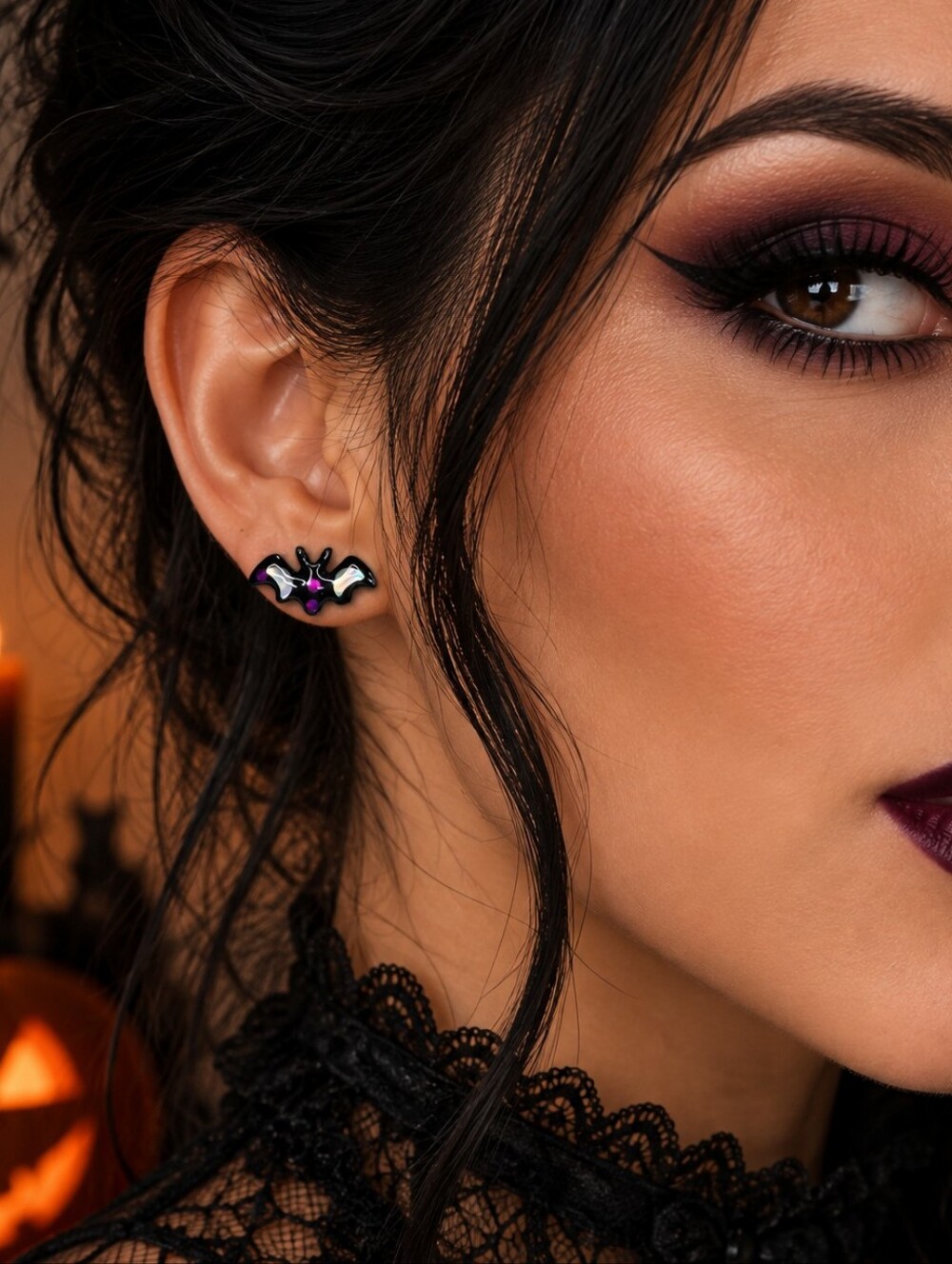 Bat Stud Earrings Mini Purple & Black Whimisgoth Halloween Fashion Jewelry